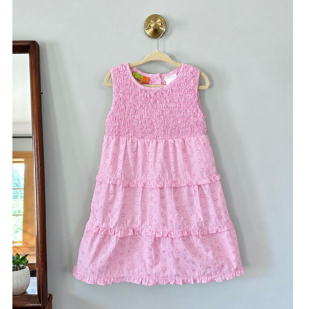 Penelope Mack Girls Size 5 Pink Eyelet Smocked Tiered Ruffle Dress Embroidered